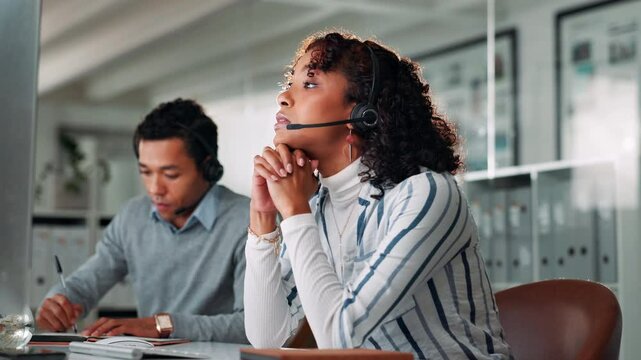 Call center, tired and headache with business woman for customer service, complaint log or debt counselor. Mental health, credit review and stress with person in office for contact us and audit error