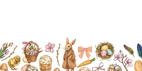 Hand-drawn colored Easter border with vintage holiday elements,  rabbit, eggs, flowers, and festive decorations