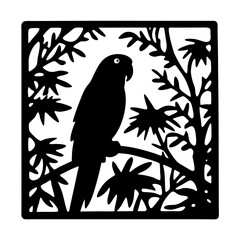 A Silhouetted Parrot Perched on a Branch Amidst Lush Tropical Foliage in a Square Frame