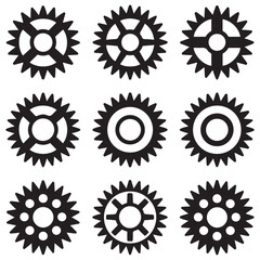 Mechanical sprocket gears sets, small, medium and large, types, Vector Black silhouettes. Isolated illustration. with white background