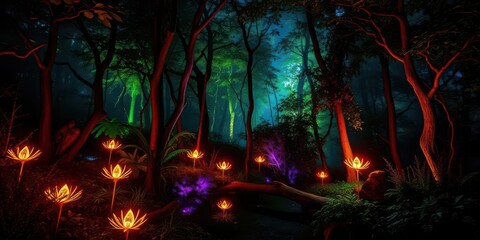 Glowing flora illuminates a mystical night forest, twinkling, bright