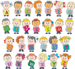 Happy little schoolboys and schoolgirls friendly smiling and holding colorful alphabet blocks, vector cartoon illustrations on a white background
