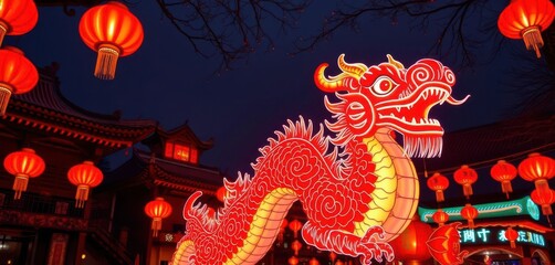 Glowing red lantern, majestic dragon sculpture, warm festive lights, vibrant Chinese New Year celebration, celebration, warm