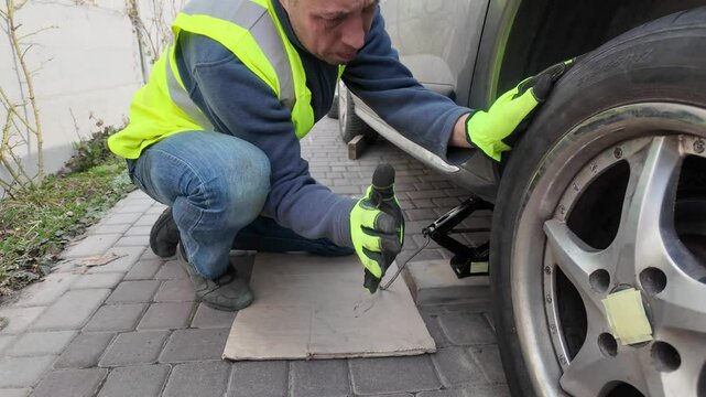 A guy changes tire on street to summer tire in nature