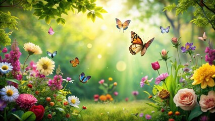 Lush greenery and vibrant blooms amidst a serene garden backdrop with fluttering butterflies and sunlit petals, botanical garden , gardens