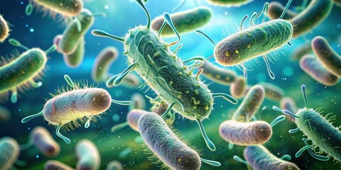 Pseudomonas aeruginosa bacteria with flagella and biofilm formation on a glass surface , infection