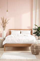 serene bedroom with a wooden bed and soft pink and white striped bedding