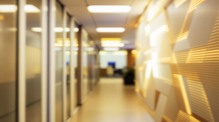modern office hallway with warm golden lighting and geometric wall .