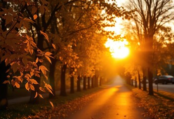 Fototapeta premium Golden leaves drift on a tranquil autumn street bathed in sunset's warm light, red, tranquil