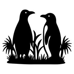 Two Penguins Standing in Grassland Silhouette Artwork Graphic Design