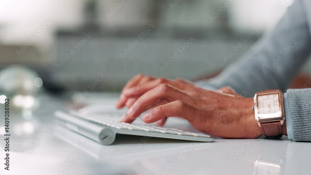 Poster keyboard, hands and man in office typing for finance proposal with online business client. technolog