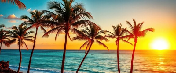 Golden sunrise paints palm trees silhouetted against tranquil turquoise ocean, vibrant, paradise