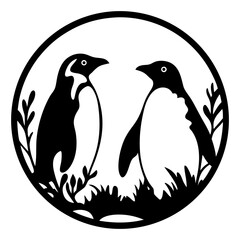 Two Penguins in a Circular Frame with Grassy Border Simple Black and White Illustration