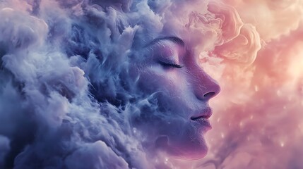 Profile of a Woman's Face Emerging from a Cloud of Pink and Purple Smoke