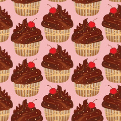 Seamless pattern for kitchen decor and more. Delicious chocolate cupcake with whipped cream and cherry. Vector cartoon illustration of sweet food.