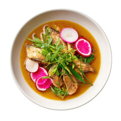 Overhead shot of fish soup with radishes and herbs in a white bowl. Food photography, culinary arts, and healthy eating concept.