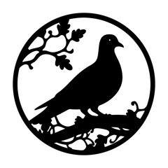 Silhouette of a Dove Perched on a Branch within a Circular Frame Artistic Bird Design