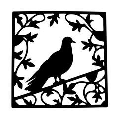 Elegant Black Silhouette of a Dove in a Square Floral Frame Ornate Bird Artwork Decorative Design