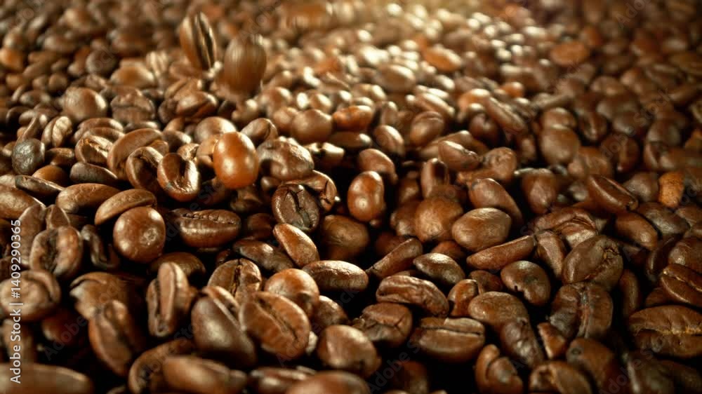 Poster super slow motion of falling coffee beans on pile. concept of roasting coffee beans with camera moti