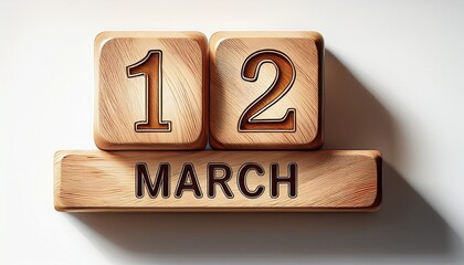 Illustration of wooden blocks with date 12 March. Day and month, simple calendar