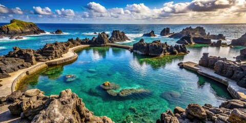 Obraz premium Unique natural pool formed by volcanic lava filled with sea water in Porto Moniz landscape featuring a unique geological formation, land, volcanic lava