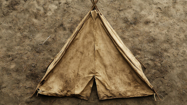 Old canvas tent on dry, cracked ground, rustic and weathered