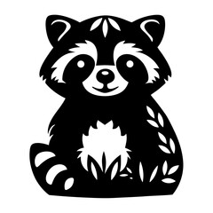 Adorable Black and White Illustration of a Sitting Raccoon in Grass