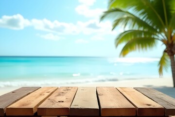 Fototapeta premium Empty wooden table with beach and coconut tree background for backdrop and product presentation. Mockup template for artwork graphic design. Nature background
