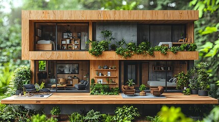 Modern Wood House Exterior Surrounded by Greenery with Open Floor Plan