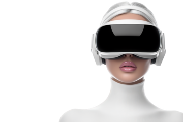 Woman wearing virtual reality headset exploring metaverse on transparent background