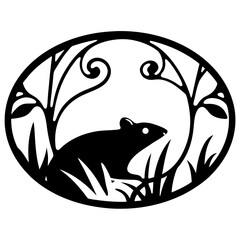 Silhouette of a Mouse in an Oval Floral Frame Artistic Black and White Illustration Nature Wildlife Rodent Design