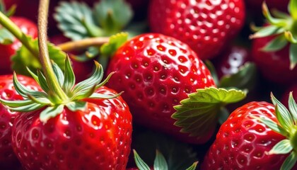 Juicy red strawberry, glossy sheen, vibrant green leaves, red, food