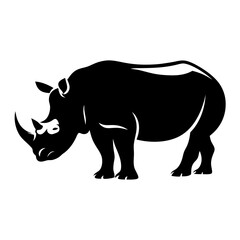 A majestic black silhouette of a rhinoceros standing on a white background wildlife animal nature powerful beast strong horn herbivore endangered species african mammal