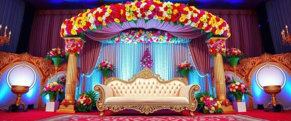 Lavish floral couch in ornate setting, vibrant Indian wedding mandap backdrop, luxury, bright