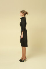 Serie of studio photos of female model in black midi dress, autumn winter fashion collection.	
