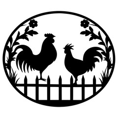 Two Roosters Silhouette in Circular Farm Scene with Fence and Flowers