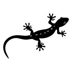 A simple black silhouette illustration of a gecko lizard crawling on a white background