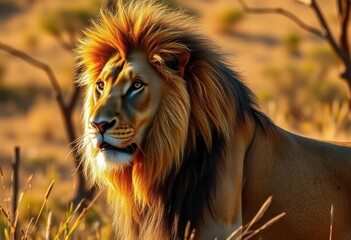 Fototapeta premium Majestic lion with flowing mane, sunlit savannah setting, sun, calm