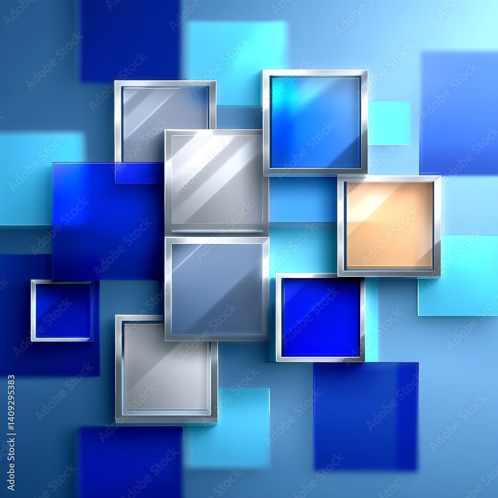 Fototapete abstract composition: interlocking blue squares and chrome frames on a gradient light blue backgroun