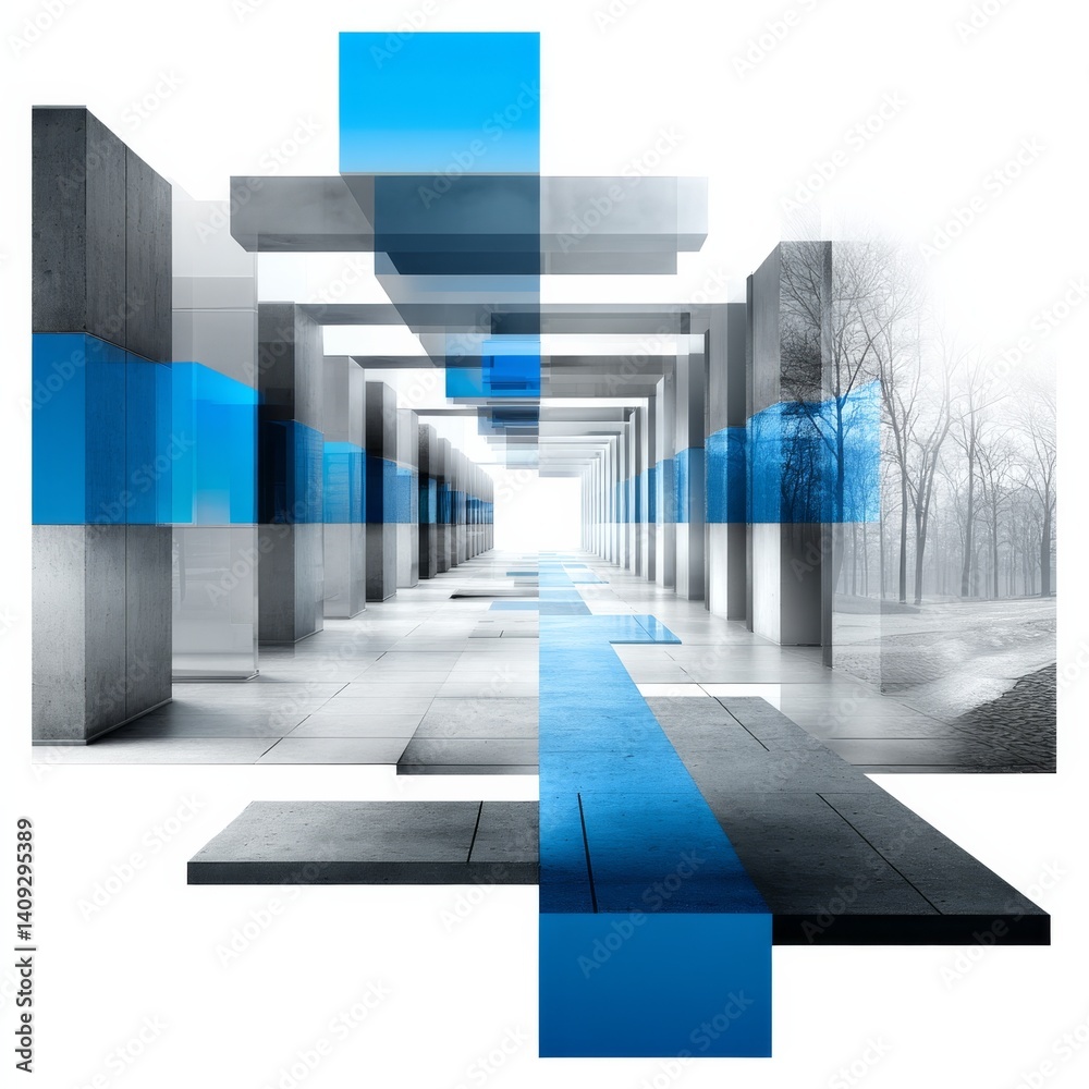 Poster Abstract Architectural Composition with Concrete Structures and Blue Elements in a White Setting