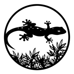 Silhouette of a Gecko in a Circular Frame with Tropical Foliage
