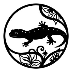 A Stunning Black and White Illustration of a Gecko in a Floral Circle Design