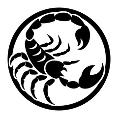 A Striking Black and White Stylized Scorpion Illustration Encircled Within a Bold Circular Frame