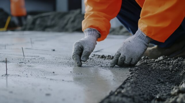 Supervisor examining concrete curing progress at a construction site. Featuring quality control and expertise
