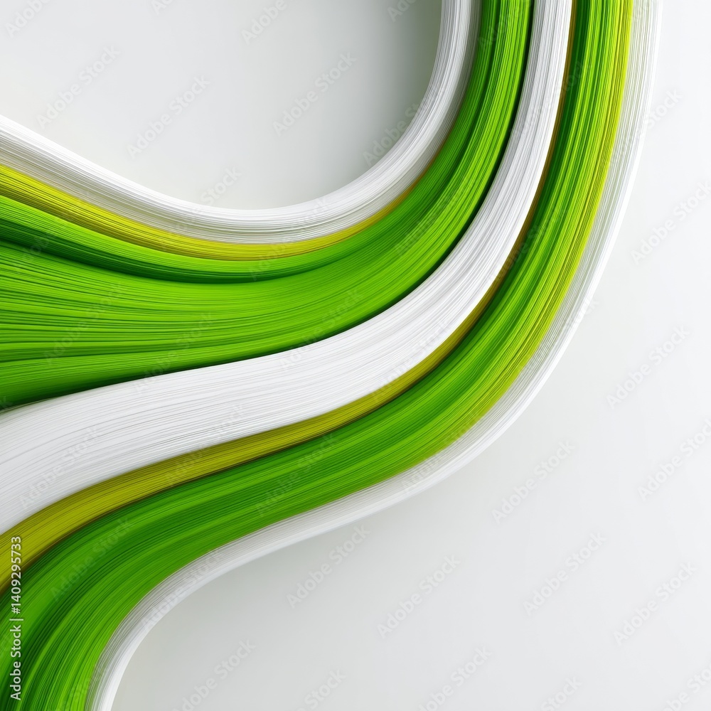 Poster abstract green, yellow and white flowing strips on a light background - a modern 3d render