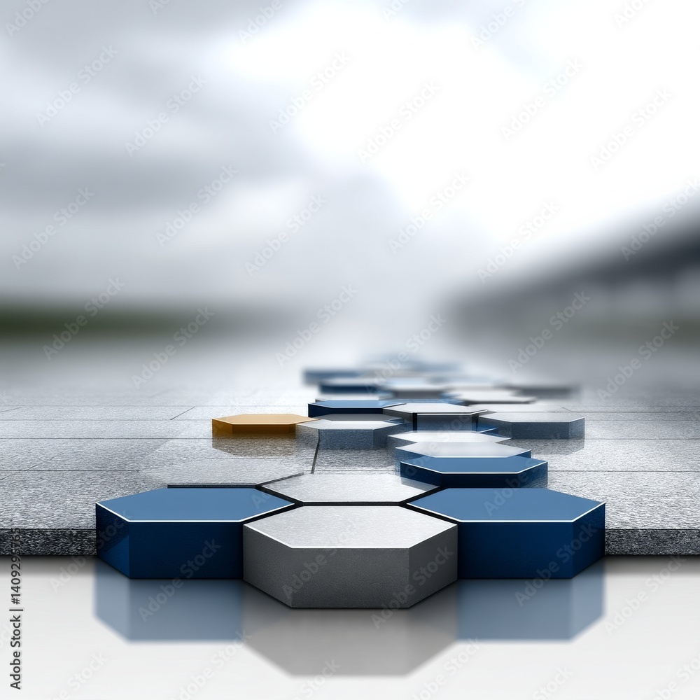 Poster abstract hexagonal path: geometric shapes lead into a blurred, serene horizon on gray tiled surface