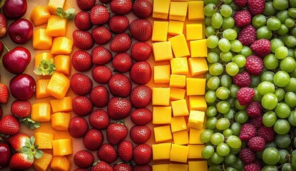 Colorful fruit arrangement cherries, mango, strawberries, grapes, raspberries