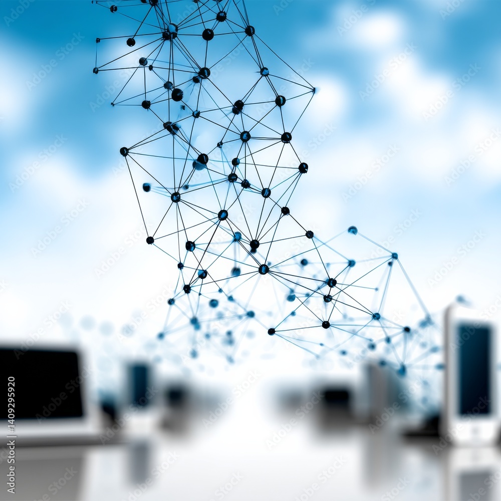 Aufkleber Abstract Network Connection: Devices Interlinked by a Complex Digital Web with a Soft Blue Background.