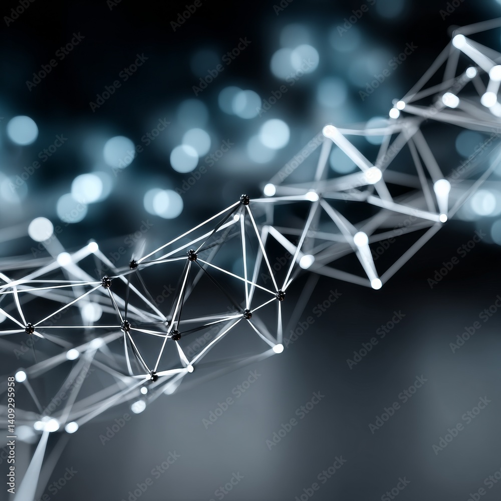Poster Abstract Network: Interconnected Nodes and Lines with Bokeh Effect Creates a Futuristic Impression.