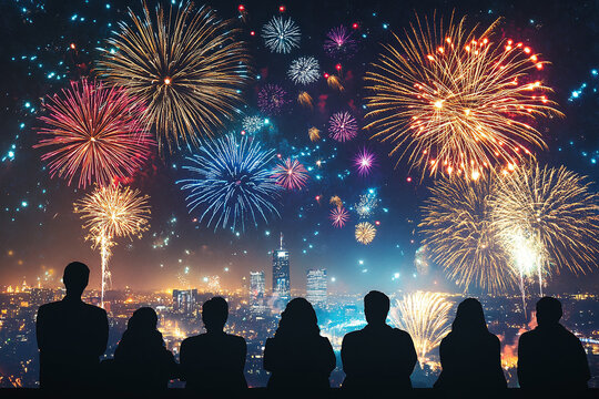 New Year's Eve celebration with people watching colorful fireworks explode in the sky